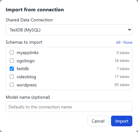 Import from connection dialog with a Shared Data Connection chosen and a list of schemas with their table counts: myapplinks, ogobogo, testdb, videoblog and wordpress, with All and None links