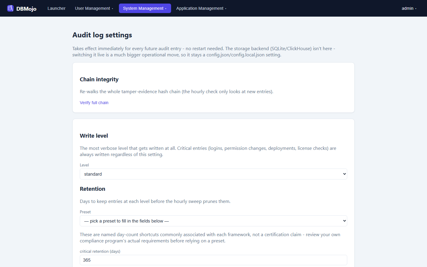 Audit log settings page with write level, retention presets named SOX-style, HIPAA-style, and FedRAMP-style, and a PHI/PII scrub configuration