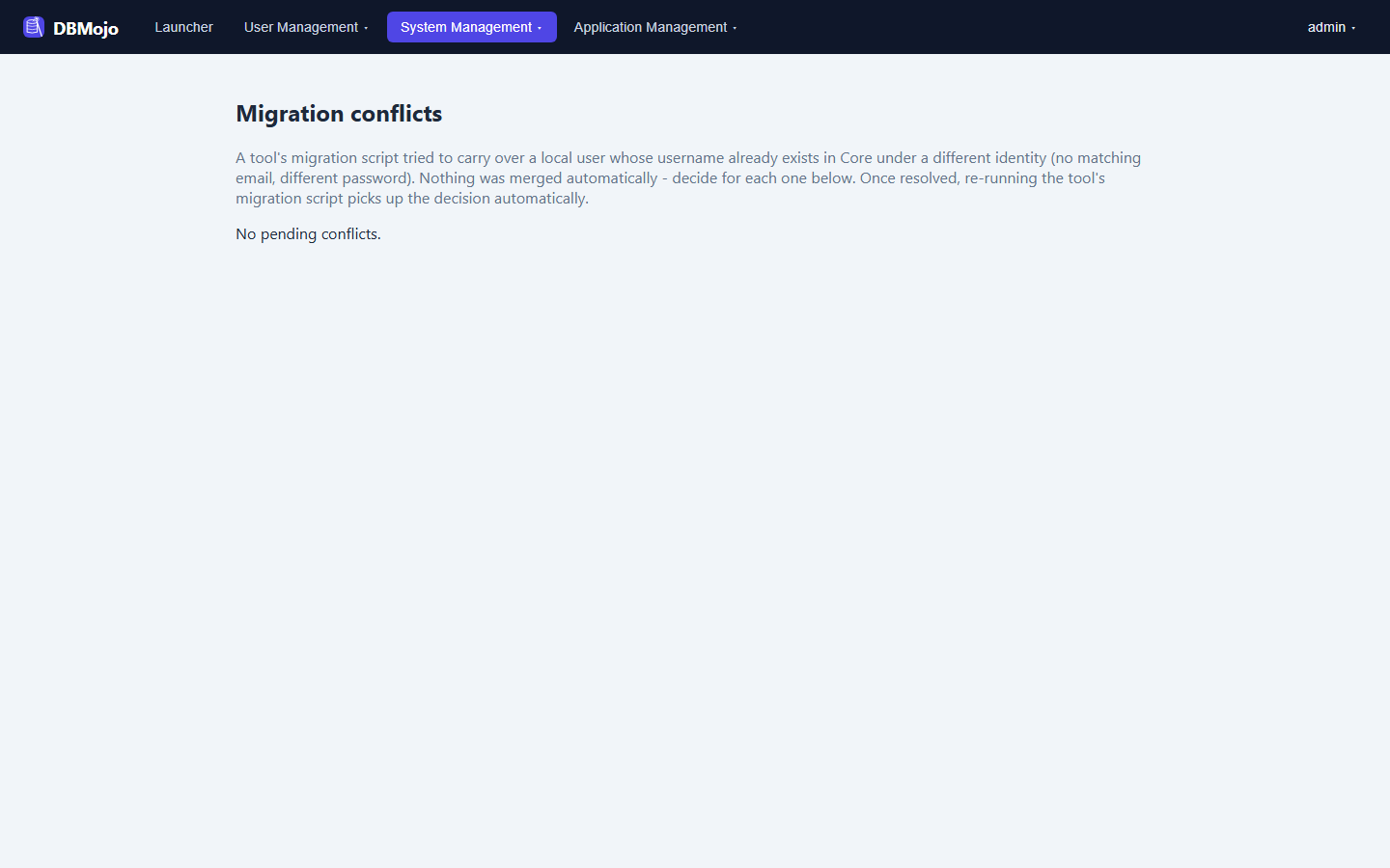 Migration conflicts page showing no pending conflicts