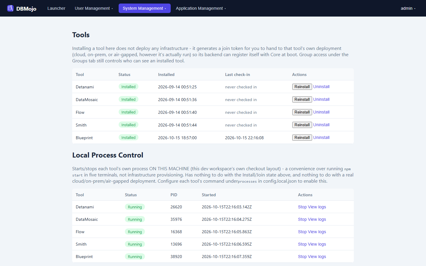 Tools page with an install-state table for the tools plus a Local Process Control section showing each tool running with a PID, start time, Stop and View logs actions