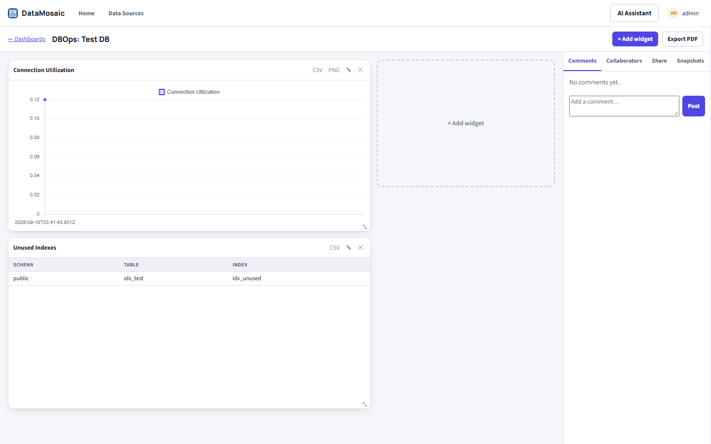 DBOps: Test DB dashboard with a Connection Utilization line chart and an Unused Indexes table