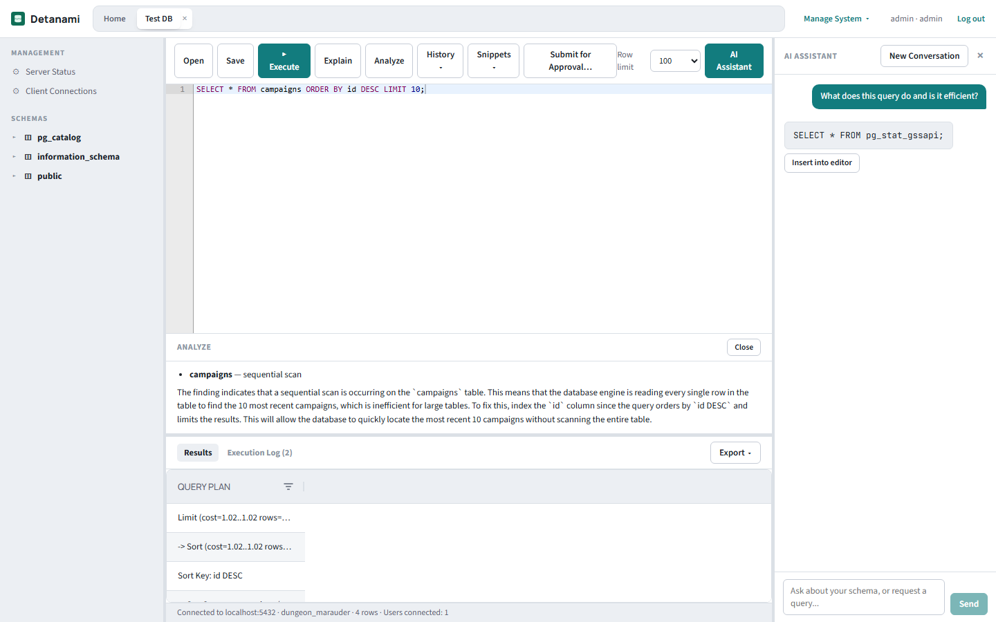 AI Assistant panel with a question asked and a SQL suggestion returned with an Insert into editor button