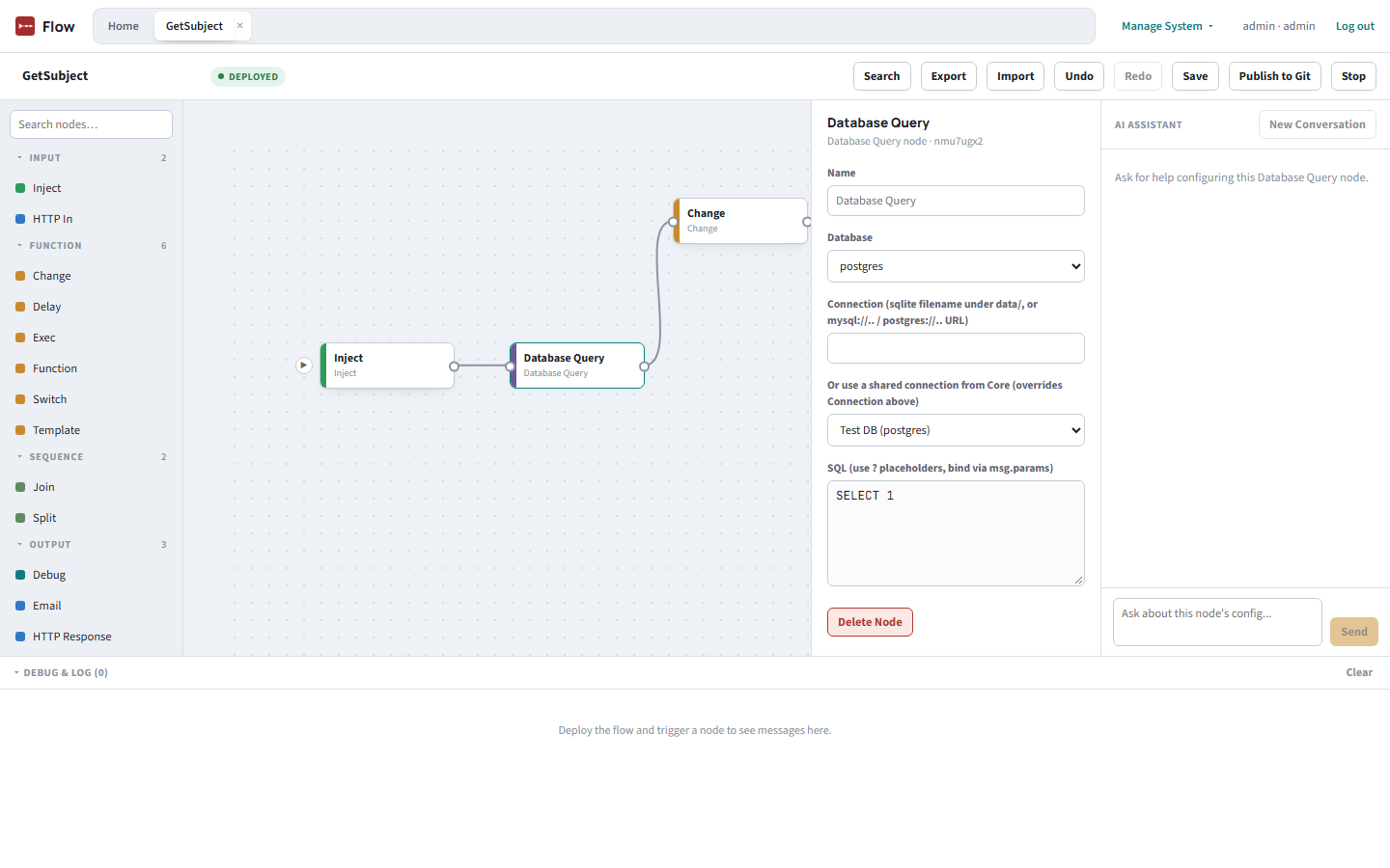 AI Assistant panel scoped to the selected Database Query node, prompting to ask for help configuring this node