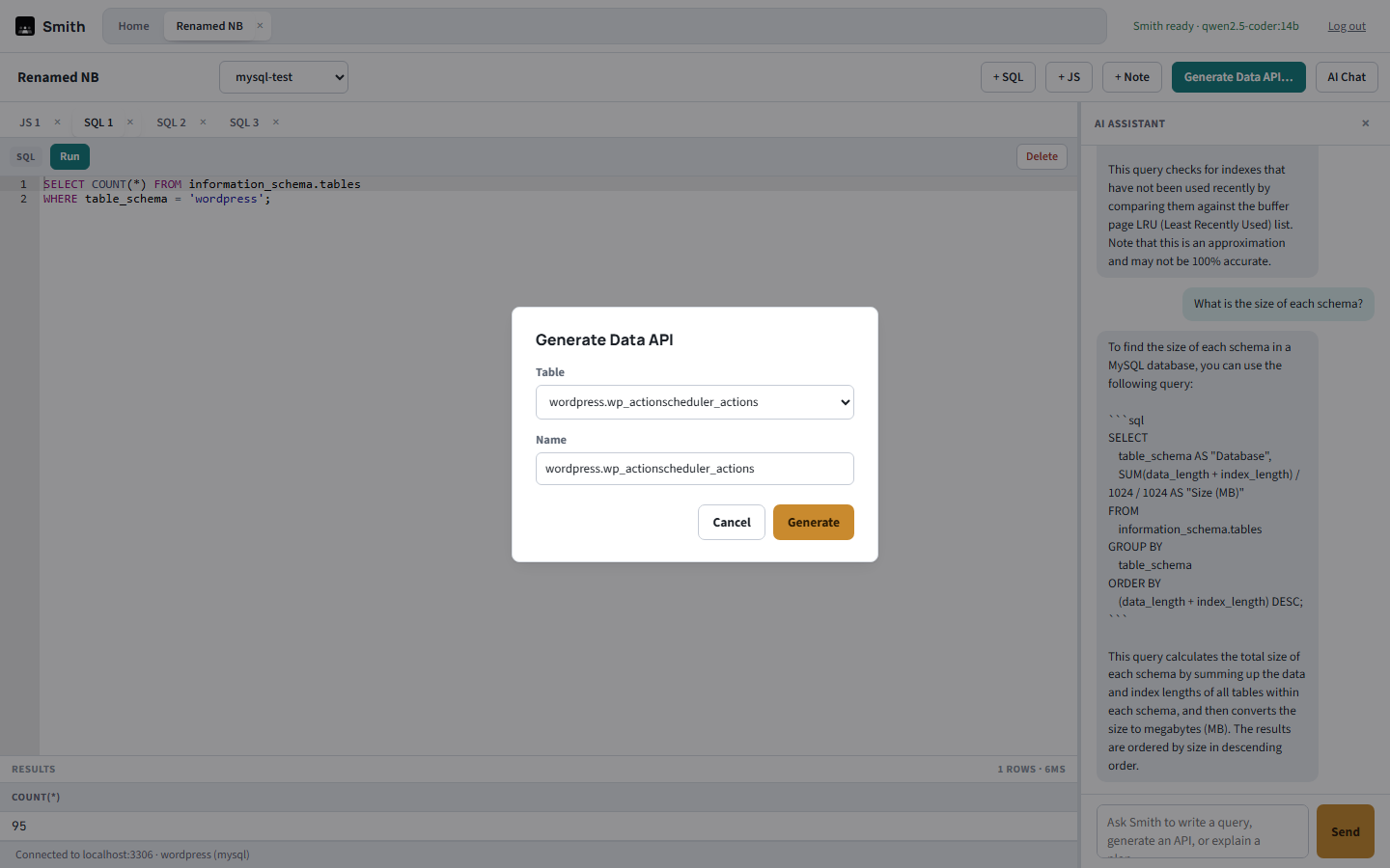 Generate Data API dialog with a Table dropdown and a Name field