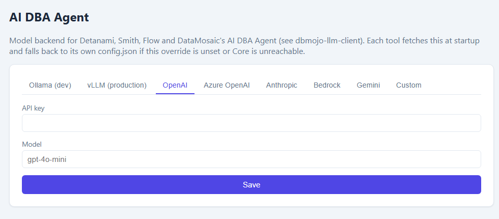 Core's AI DBA Agent page with tabs for Ollama, vLLM, OpenAI, Azure OpenAI, Anthropic, Bedrock, Gemini, and Custom