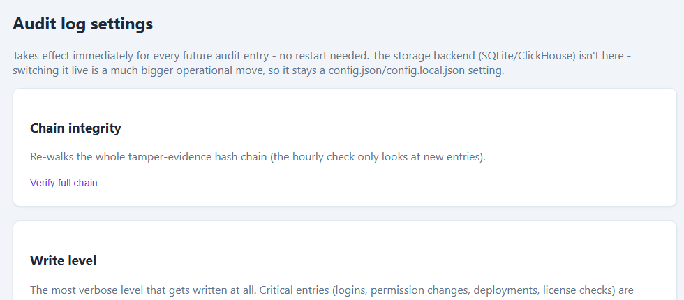 Core's audit log settings page with a Chain integrity panel, write level, and retention presets
