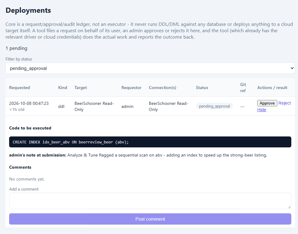 Core's Deployments page showing a pending DDL request with the exact CREATE INDEX statement to be executed, the requester's note, and a comment thread, with Approve and Reject actions