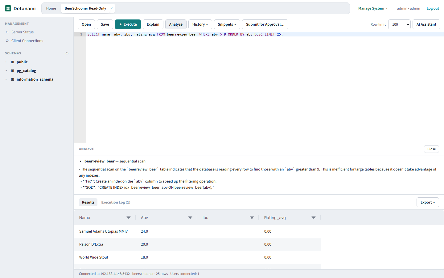 Detanami's SQL workbench after running Analyze: a sequential-scan finding on beerreview_beer, an AI explanation with a suggested CREATE INDEX, and the results grid below