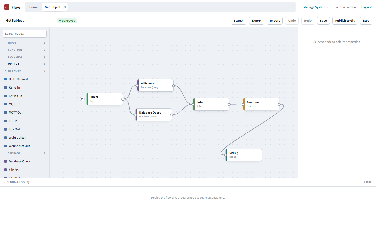 Flow's editor showing a deployed fan-out and fan-in flow: Inject feeds two database queries that rejoin in a Join node, then a Function and Debug node, with the Toolbox showing Network nodes including Kafka In and Kafka Out